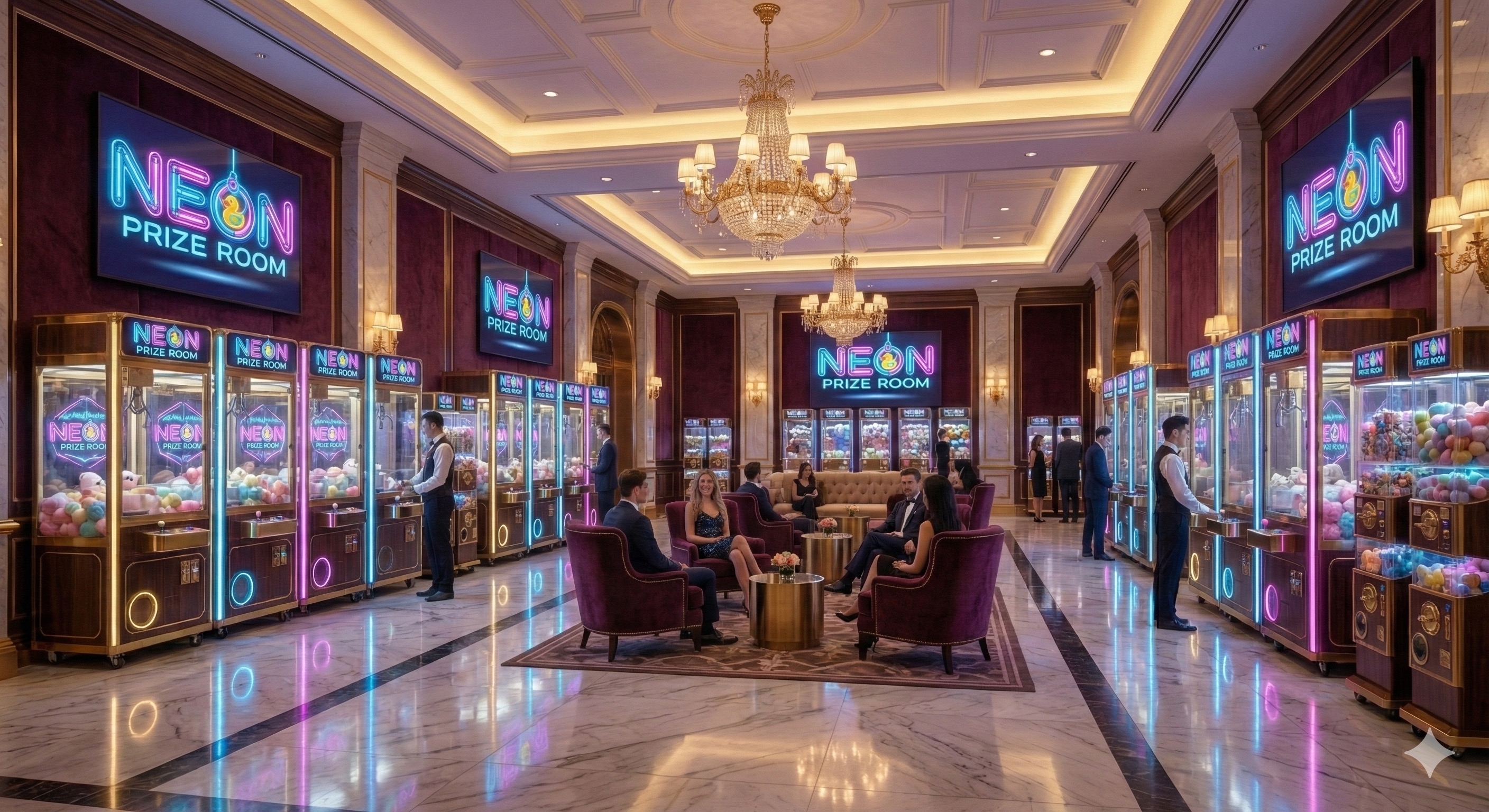 Luxury hotel claw arcade installation with neon prize room aesthetic